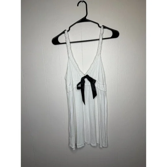 Y2K White Babydoll Tunic Top Size Small Black Bow Empire Waist Fairy Coquette - Picture 2 of 5
